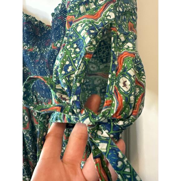 Cara Cara Moroccan Tile Teal Jazzy Midi Dress Size Large Boho Smocked Dress - Picture 8 of 12